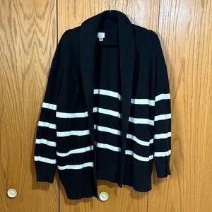 A New Day Black Knit Cardigan Striped collared open front with pockets